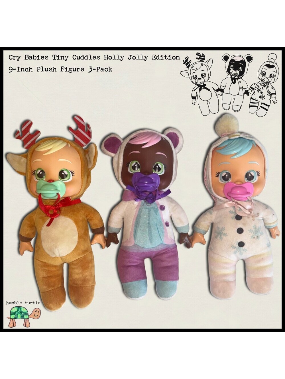 Cry Babies Tiny Cuddles Holly Jolly Edition 9-Inch Plush Figure 3-Pack | VGUC